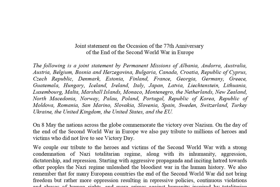 Joint statement on the Occasion of the 77th Anniversary of the End of the Second World War in Europe